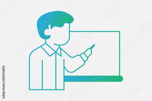 This icon depicts a stylized person (teacher or presenter) standing in front of a whiteboard. The figure is shown from the side, holding a pointer or chalk toward the board.