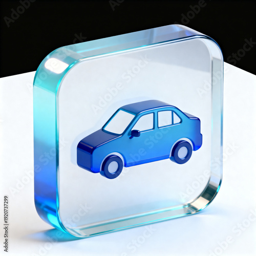 Blue car in glass cube 3D render icon
