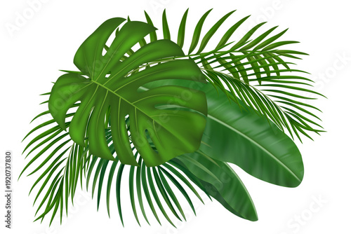 Green tropical leaf composition with palm fronds and banana plants. Exotic jungle leaves for Hawaiian beach paradise decoration and summer invitations. Vector illustration