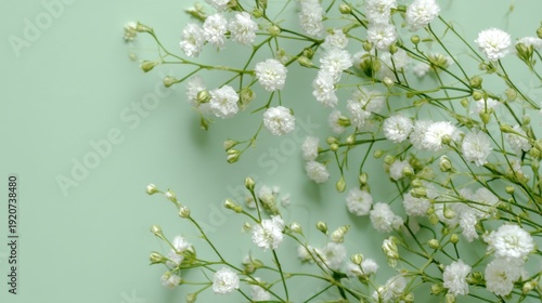 White flowers with small blooms and green stems are placed on a green background. The setting shows the natural forms of the flowers in different stages of development.
