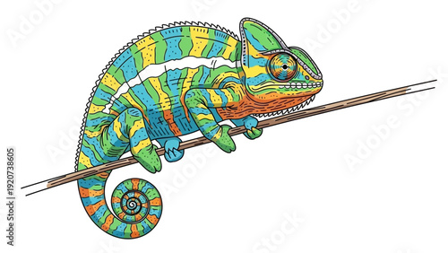 Vibrant Cartoon Chameleon Perching on a Branch Illustration