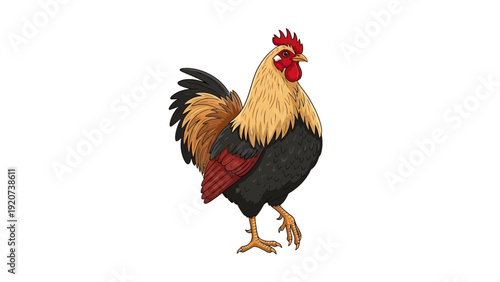 Vibrant and proud rooster illustration standing on a white background.