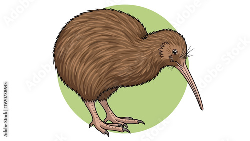 Illustration of a brown kiwi bird with a long beak on a green background.