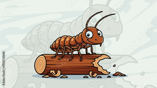 A cheerful cartoon ant stands on a damaged wood log.