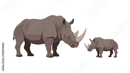 A mother rhinoceros and her calf standing on a white background.