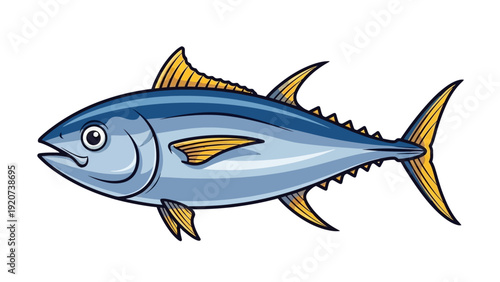 Stylized cartoon tuna fish swimming illustration on white background.