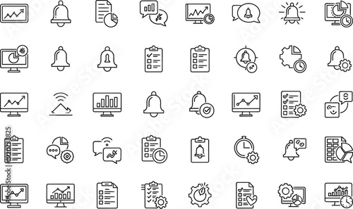 A collection of different black and white line icons related to business and technology