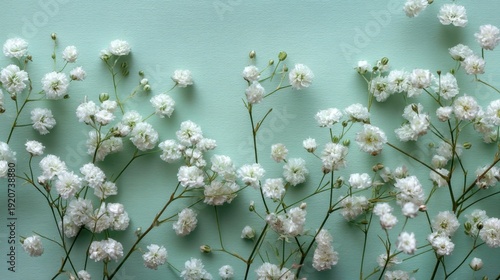 White flowers with tiny blooms are arranged on a soft green background. The flowers show their natural form and create a light and airy scene in daylight.