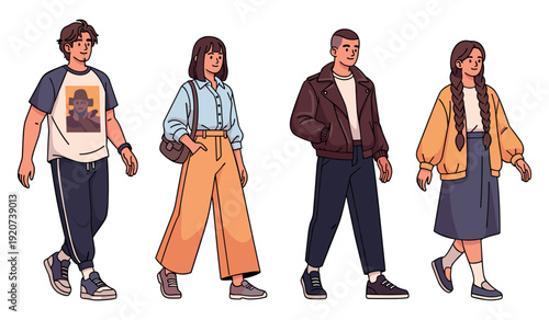 Group of diverse young adults in stylish casual outfits walking together