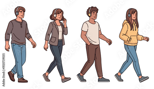 Young diverse adults walking with headphones in stylish casual outfits