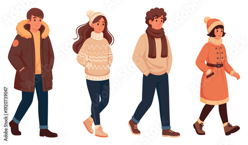 Young adults in winter clothing walking illustration