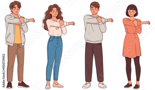 Diverse young adults stretching together in casual outfits