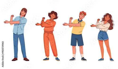 Diverse group stretching together, various ages and genders, casual attire