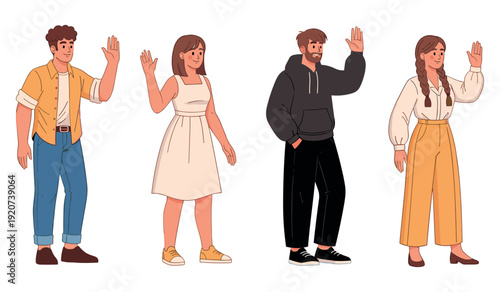 Diverse group of young adults waving hello in casual outfits