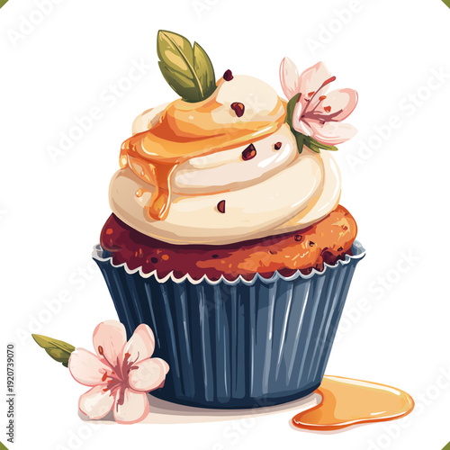 Vector illustration of honey cupcake with cream frosting, caramel drizzle and flower decoration, sweet bakery dessert isolated on a white background