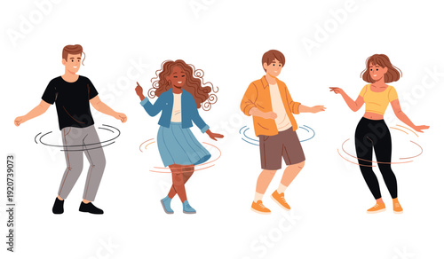 Diverse group of young adults hula hooping and dancing with joyful expressions