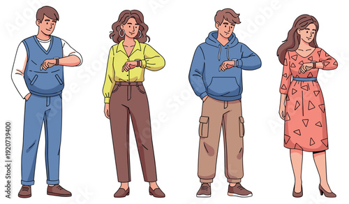 Group of diverse young adults checking watches