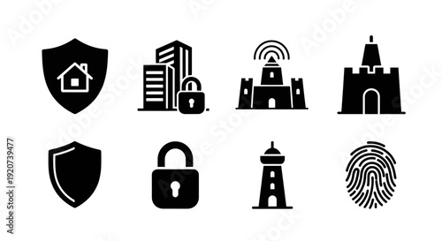 Comprehensive Cybersecurity and Physical Defense Infrastructure Icons
