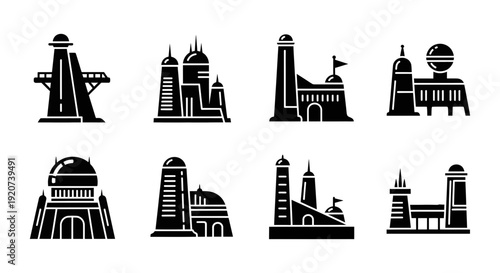 Futuristic Middle Eastern Architecture and Islamic Sci-Fi Cityscape Icons
