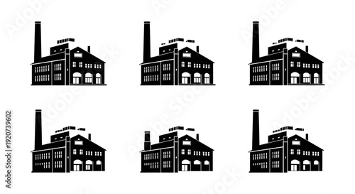 Vintage Industrial Factory Silhouettes and Manufacturing Plant Icons