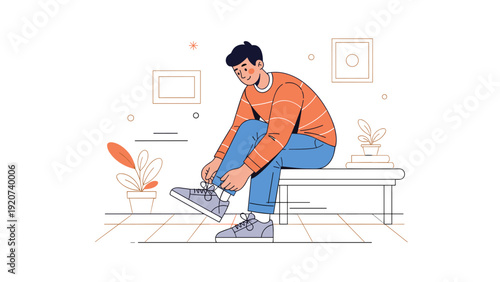 Young caucasian male tying shoes on bench in cozy indoor setting