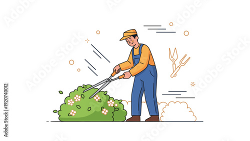 Caucasian male gardener pruning bushes with shears in cartoon illustration