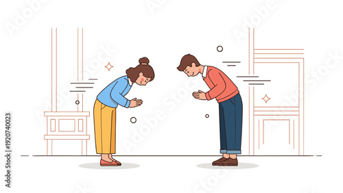Asian man and woman bowing respectfully to each other in traditional gesture