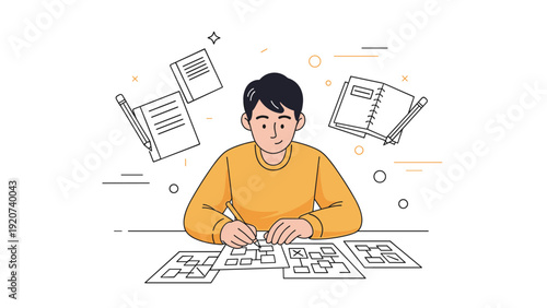 Young asian male solving puzzles at desk with floating notebooks and papers