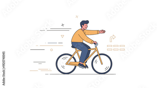 Young caucasian male adult riding bicycle with arm raised