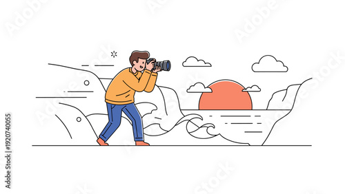 Young caucasian male taking photos of sunset by the ocean