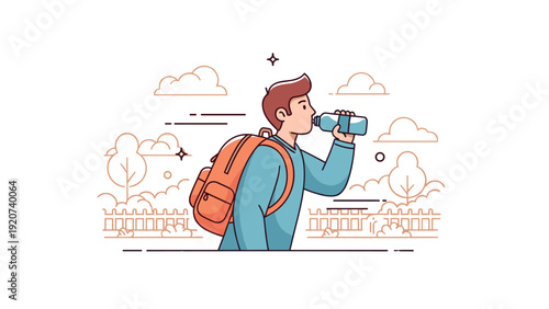 Young caucasian male drinking water outdoors with backpack
