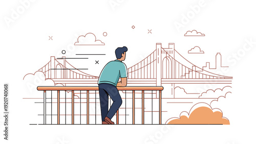 Young hispanic male admiring skyline view of suspension bridge