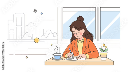 Young asian female writing at desk with coffee in bright room