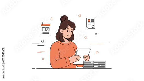 Female caucasian adult reading documents at desk
