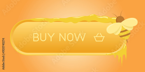 “Buy Now” CTA button covered with dripping honey, with a bee sitting on top. Sweet composition, perfect for e-commerce, food advertising.