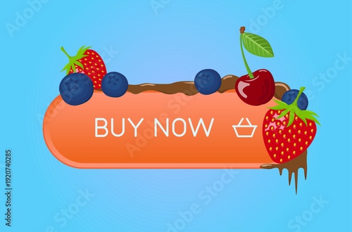“Buy Now” CTA button with melted chocolate and fresh fruits. Delicious call-to-action design, ideal for confectionery branding, dessert advertising, food promotions, e-commerce, and web banners.