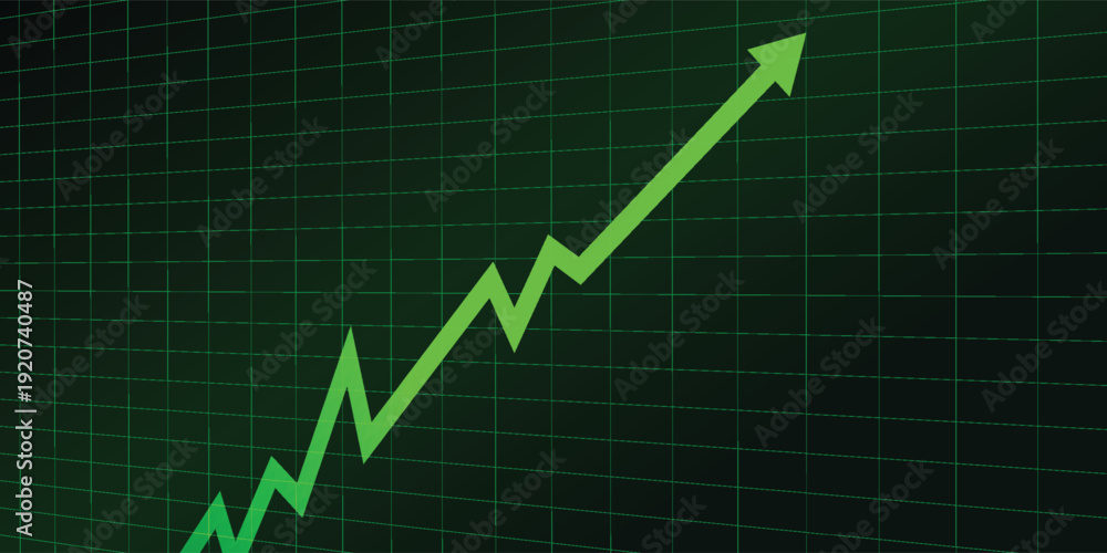 Obraz premium A vibrant green line graph on a dark grid background showing an upward trend with fluctuations, symbolizing growth, success, and positive market performance.