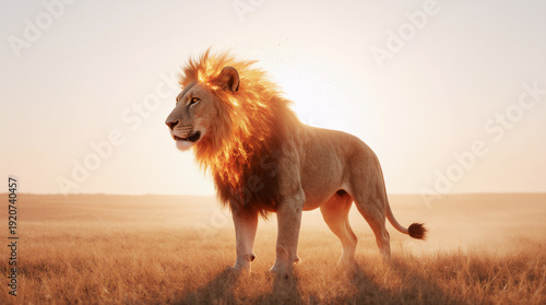 Lion flames roaring proudly in golden savannah sunset landscape scene