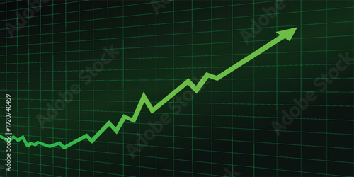 A vibrant green line graph on a dark grid background showing a strong upward trend with an arrow indicating growth and success.