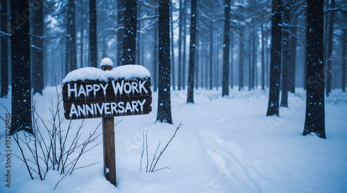 Happy work anniversary wooden sign in snowy forest winter celebration scene