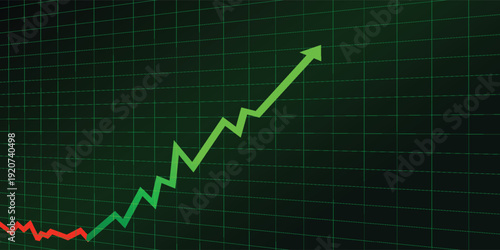 Green line graph showing an upward trend and growth on a dark grid background, representing financial data or business progress.