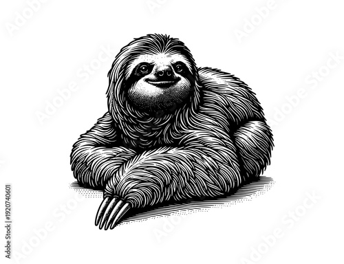 Relaxed Sloth Character Illustration in Woodcut Style

