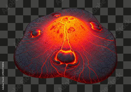 A vivid molten lava eruption with a glowing core and cracked dark surface isolated