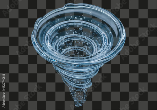 Abstract blue liquid vortex with swirling bubbles flowing downwards on a transparent background