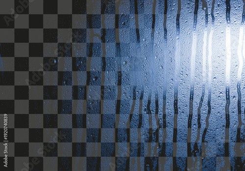 Dark blue background with rain streaks and water drops on a translucent surface