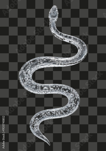 Transparent glass snake shape filled with effervescent bubbles against a checkered background