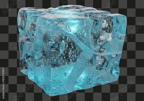 A large vibrant blue ice cube with many trapped air bubbles on a transparent background