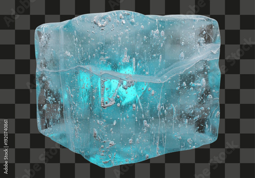 Detailed view of a unique translucent blue ice cube with trapped air and shimmering light