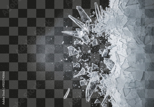 Dynamic explosion of sharp ice shards scattering with icy particles against transparent backdrop