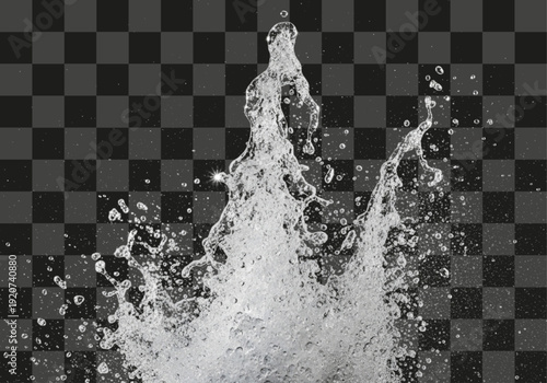 Dynamic clear water splash frozen in motion with countless droplets on a transparent backdrop